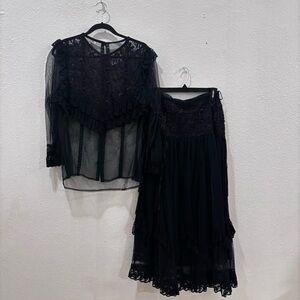 Lermaj Vintage Black Lace Two Piece Skirt Outfit Goth Renaissance Fairy